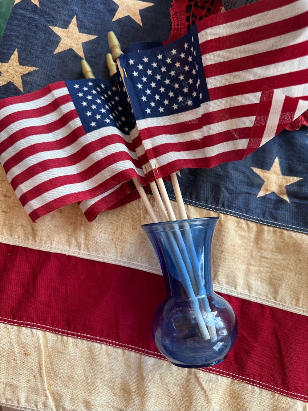 Vintage Blue Glass Bud Vase with Patriotic Accent Flags